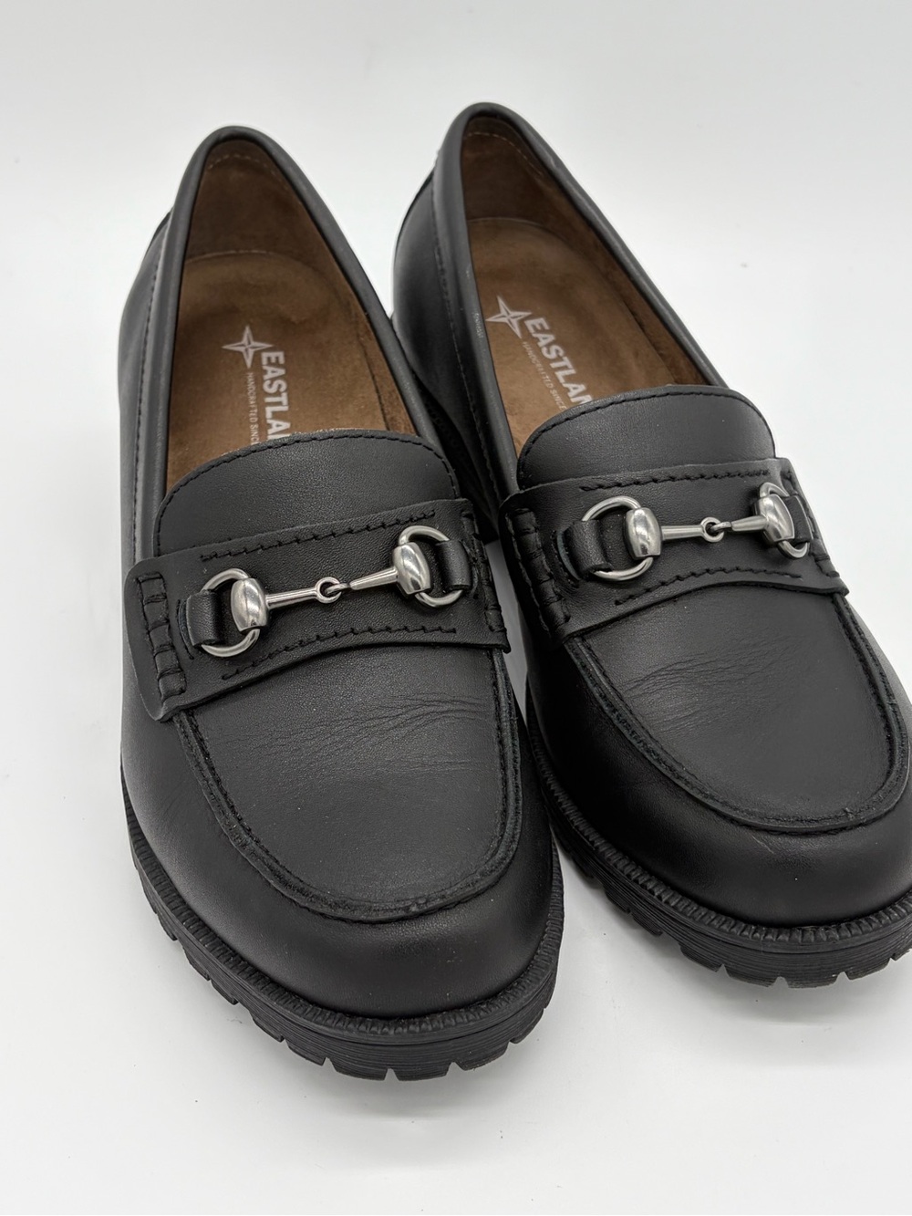 Eastland Gwen Black Leather Bit Loafers Block Heel NWOB 9M